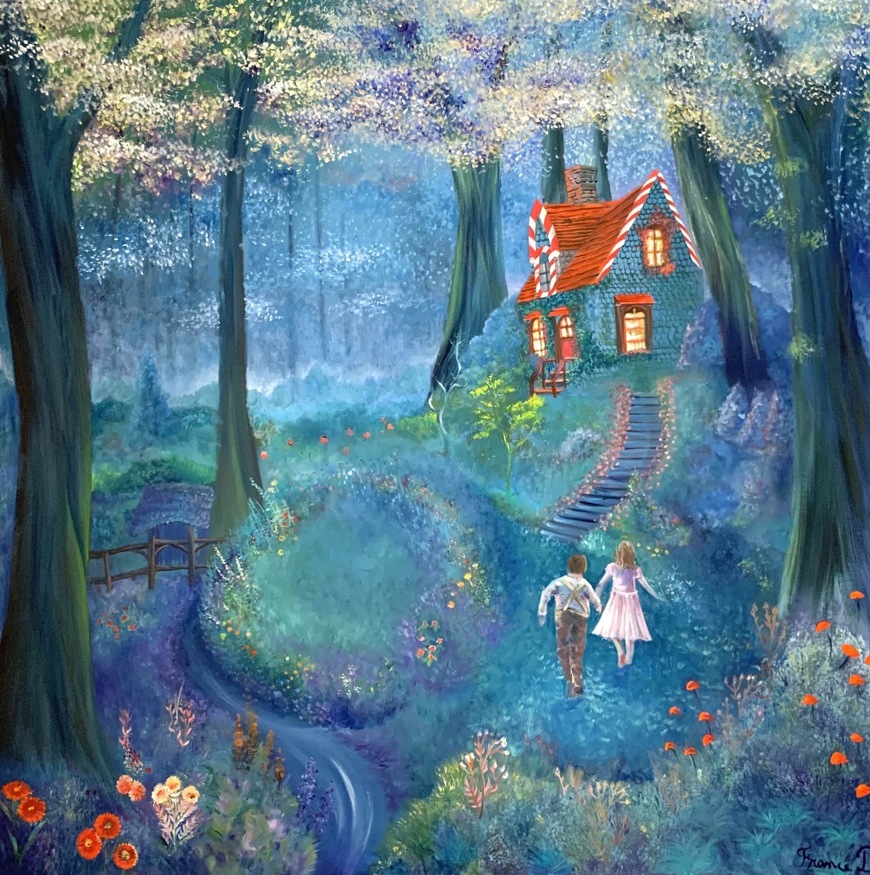 Toile peinte par France Duplessix pour le Manoir de La Plume, représentant une maison au cœur d’une forêt